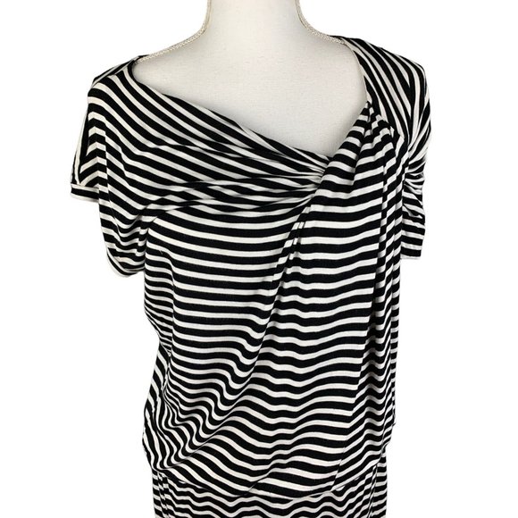 Calvin Klein Blue Asymmetrical Sleeves-neck Navy-white Striped Knit Dress Size 8 - Picture 4 of 10